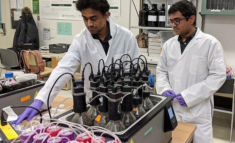 Environmental engineering master's student Bappi Chowdhury (left) and supervisor Bipro Dhar in the lab with a "digester" they are developing that uses microbes to convert a mixture of food waste and fat, oil and grease into renewable biomethane. (Photo: S