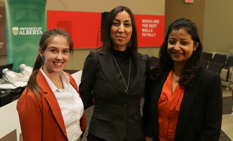 Future Energy Systems graduate students Makenzie MacKay, Marina Lazic, and Bandita Deka Kalita at the UAlberta Falling Walls Lab. 