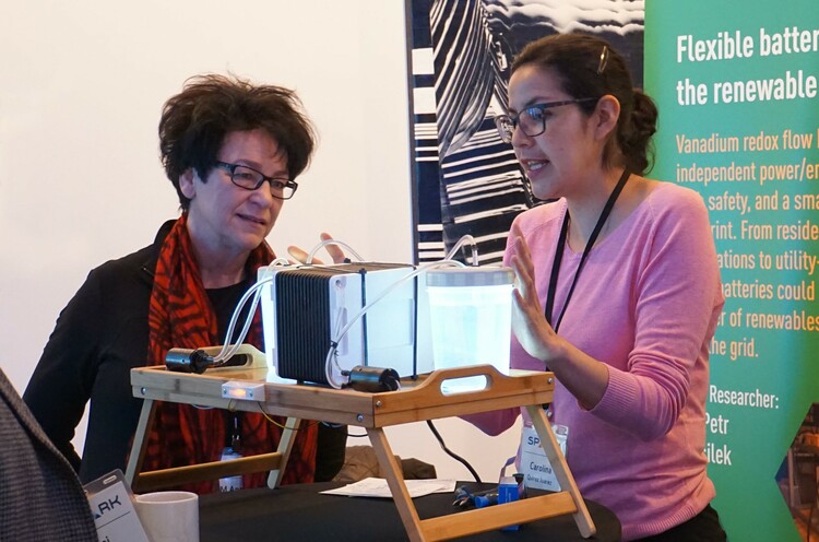 Director Anne Naeth views a demonstration from graduate student Carolina Quiroz Juarez at the SPARK 2019 conference. 