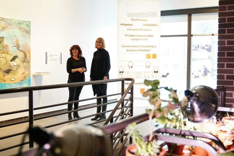 Principal Investigators Natalie Loveless and Sheena Wilson in the FAB Gallery before the opening of the 'Prototypes for Possible Futures' exhibition.