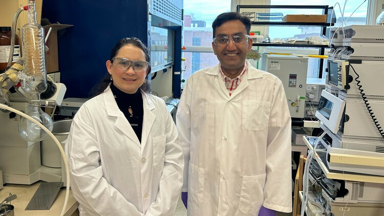 YANET RODRIGUEZ HERRERO (LEFT) DEVELOPED TWO INNOVATIVE METHODS TO CONVERT CARBON DIOXIDE AND GLYCEROL INTO VALUE-ADDED MATERIALS DURING HER DOCTORAL RESEARCH UNDER SUPERVISOR AMAN ULLAH (RIGHT). (PHOTO: SUPPLIED)