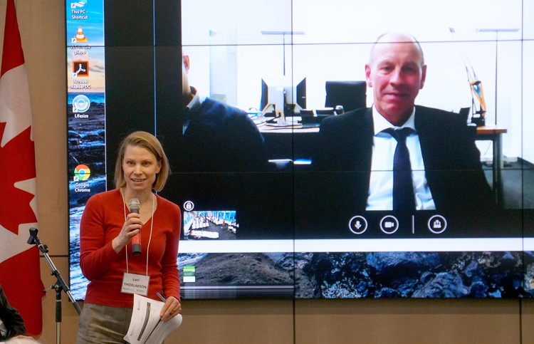 Lori Thorlakson, Director of the University of Alberta's European Union Centre of Excellence, with Mayor Bernd Tischler of the City of Bottrop (live via video).