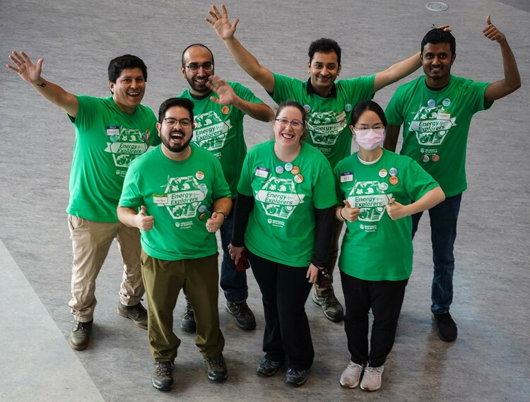 Jerico, Abbas, Abhijeet, Pasan, Francisco, Valerie and Fei celebrate a successful research showcase at TELUS World of Science Edmonton.