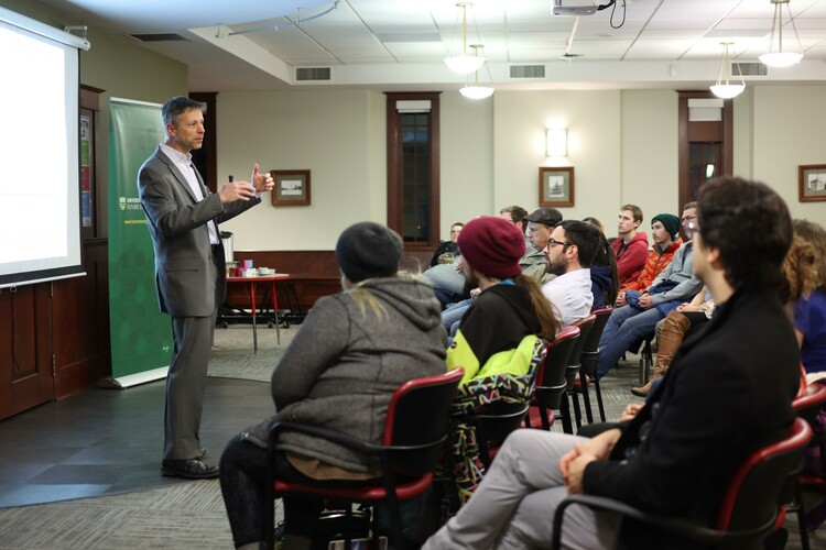 Future Energy Systems Principal Investigator Pierre Mertiny at the inaugural "Energy Talks" public lecture at the Edmonton Public Library.